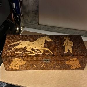 Wooden Box with Horse and Dog Engravings Flemish Art